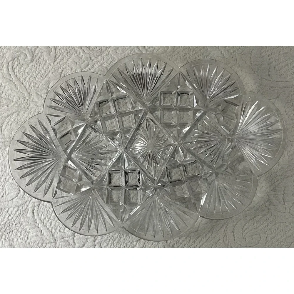 Vintage Pressed Maganese Glass‎ Platter Plate Fan Starburst Cane 14X8.5 EAPG